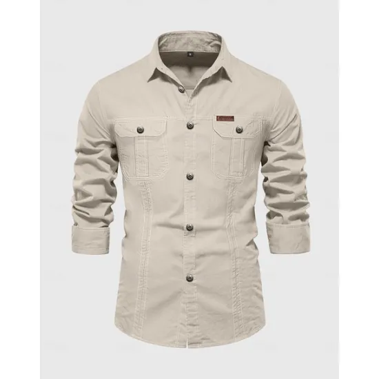 Best OUKU Men's Shirt Button Up Shirt Casual Shirt Work Shirt Cargo Shirt Navy Blue Green khaki Beige Long Sleeve Plain Collar Street Daily Front Pocket Clothing Apparel Fashion Casual Comfortable