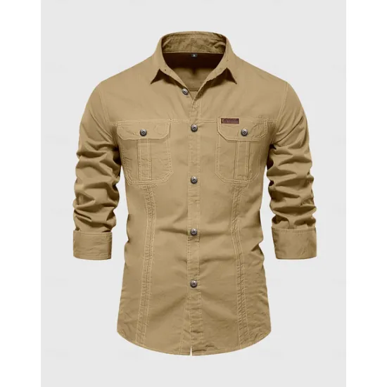 Best OUKU Men's Shirt Button Up Shirt Casual Shirt Work Shirt Cargo Shirt Navy Blue Green khaki Beige Long Sleeve Plain Collar Street Daily Front Pocket Clothing Apparel Fashion Casual Comfortable