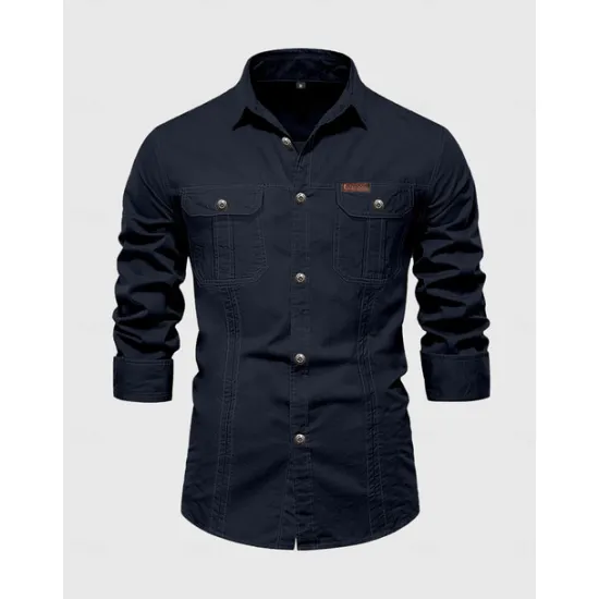 Best OUKU Men's Shirt Button Up Shirt Casual Shirt Work Shirt Cargo Shirt Navy Blue Green khaki Beige Long Sleeve Plain Collar Street Daily Front Pocket Clothing Apparel Fashion Casual Comfortable