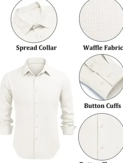 OUKU Men's Shirt Button Up Shirt Casual Shirt Summer Shirt Waffle Henley Shirt Black White Blue khaki Long Sleeve Plain Lapel Daily Vacation Clothing Apparel Fashion Casual Comfortable