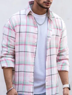 Hot OUKU Men's Shirt Casual Shirt Button Up Shirt Overshirt Checked Shirts Long Sleeve Plaid Turndown Vacation Daily Print Clothing Apparel Cotton Cotton Blend Fashion Casual Comfortable Pink