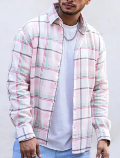 Hot OUKU Men's Shirt Casual Shirt Button Up Shirt Overshirt Checked Shirts Long Sleeve Plaid Turndown Vacation Daily Print Clothing Apparel Cotton Cotton Blend Fashion Casual Comfortable Pink