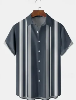 Outlet OUKU Men's Shirt Casual Shirt Bowling Shirt Button Up Shirt Black Wine Red Short Sleeve Striped Turndown Vacation Street Vintage Style Clothing Apparel Polyester Cotton Blend Fashion 1950s Casual