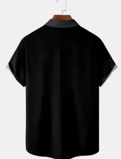 Outlet OUKU Men's Shirt Casual Shirt Bowling Shirt Button Up Shirt Black Wine Red Short Sleeve Striped Turndown Vacation Street Vintage Style Clothing Apparel Polyester Cotton Blend Fashion 1950s Casual