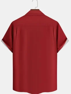 Outlet OUKU Men's Shirt Casual Shirt Bowling Shirt Button Up Shirt Black Wine Red Short Sleeve Striped Turndown Vacation Street Vintage Style Clothing Apparel Polyester Cotton Blend Fashion 1950s Casual