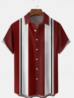 Outlet OUKU Men's Shirt Casual Shirt Bowling Shirt Button Up Shirt Black Wine Red Short Sleeve Striped Turndown Vacation Street Vintage Style Clothing Apparel Polyester Cotton Blend Fashion 1950s Casual