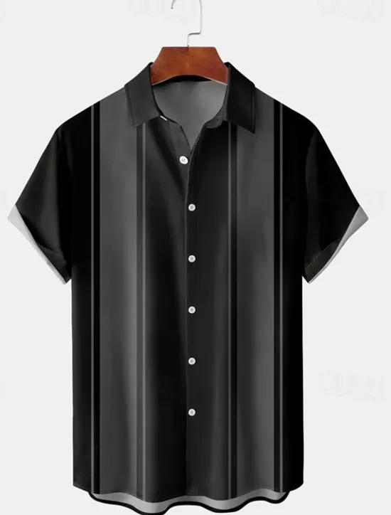 Outlet OUKU Men's Shirt Casual Shirt Bowling Shirt Button Up Shirt Black Wine Red Short Sleeve Striped Turndown Vacation Street Vintage Style Clothing Apparel Polyester Cotton Blend Fashion 1950s Casual