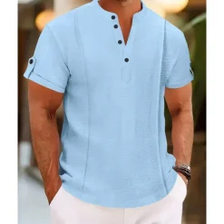 OUKU Men's Shirt Casual Shirt Button Up Shirt Plain Vacation Street White Royal Blue Blue Brown Short Sleeve Henley Summer Clothing Apparel Lace up