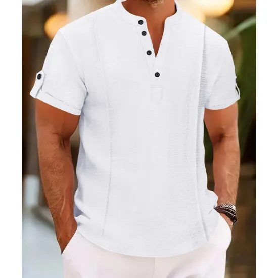 OUKU Men's Shirt Casual Shirt Button Up Shirt Plain Vacation Street White Royal Blue Blue Brown Short Sleeve Henley Summer Clothing Apparel Lace up