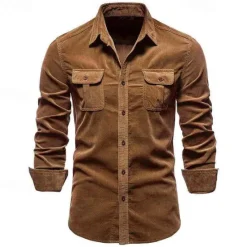 Online OUKU Men's Shirt Casual Shirt Beach Shirt Corduroy Shirt Button Up Shirt Dark Brown Wine Navy Blue Blue Army Green Long Sleeve Plain Lapel Vacation Hawaiian Button-Down Clothing Apparel Fashion Casual