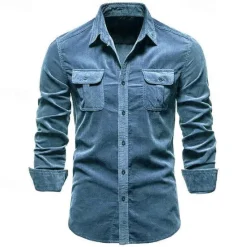 Online OUKU Men's Shirt Casual Shirt Beach Shirt Corduroy Shirt Button Up Shirt Dark Brown Wine Navy Blue Blue Army Green Long Sleeve Plain Lapel Vacation Hawaiian Button-Down Clothing Apparel Fashion Casual