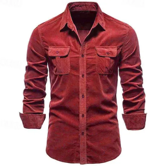 Online OUKU Men's Shirt Casual Shirt Beach Shirt Corduroy Shirt Button Up Shirt Dark Brown Wine Navy Blue Blue Army Green Long Sleeve Plain Lapel Vacation Hawaiian Button-Down Clothing Apparel Fashion Casual