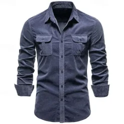 Online OUKU Men's Shirt Casual Shirt Beach Shirt Corduroy Shirt Button Up Shirt Dark Brown Wine Navy Blue Blue Army Green Long Sleeve Plain Lapel Vacation Hawaiian Button-Down Clothing Apparel Fashion Casual
