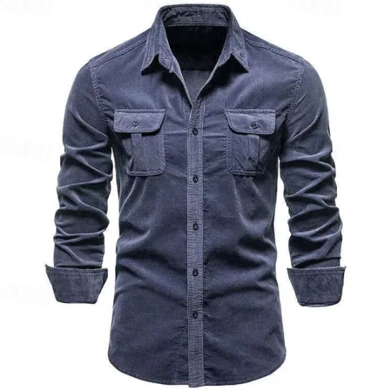 Online OUKU Men's Shirt Casual Shirt Beach Shirt Corduroy Shirt Button Up Shirt Dark Brown Wine Navy Blue Blue Army Green Long Sleeve Plain Lapel Vacation Hawaiian Button-Down Clothing Apparel Fashion Casual