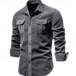 Online OUKU Men's Shirt Casual Shirt Beach Shirt Corduroy Shirt Button Up Shirt Dark Brown Wine Navy Blue Blue Army Green Long Sleeve Plain Lapel Vacation Hawaiian Button-Down Clothing Apparel Fashion Casual