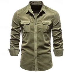 Online OUKU Men's Shirt Casual Shirt Beach Shirt Corduroy Shirt Button Up Shirt Dark Brown Wine Navy Blue Blue Army Green Long Sleeve Plain Lapel Vacation Hawaiian Button-Down Clothing Apparel Fashion Casual