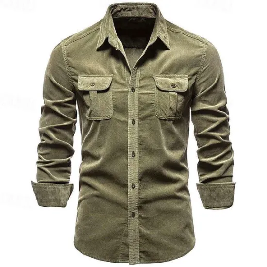 Online OUKU Men's Shirt Casual Shirt Beach Shirt Corduroy Shirt Button Up Shirt Dark Brown Wine Navy Blue Blue Army Green Long Sleeve Plain Lapel Vacation Hawaiian Button-Down Clothing Apparel Fashion Casual