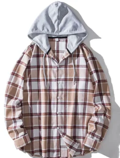 Outlet OUKU Men's Shirt Casual Shirt Button Up Shirt Hooded Shirt Black Light Brown Blue Dark Green Red Long Sleeve Plaid / Check Hooded Vacation Street Hooded Clothing Apparel Stylish Classic Casual