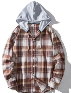 Outlet OUKU Men's Shirt Casual Shirt Button Up Shirt Hooded Shirt Black Light Brown Blue Dark Green Red Long Sleeve Plaid / Check Hooded Vacation Street Hooded Clothing Apparel Stylish Classic Casual