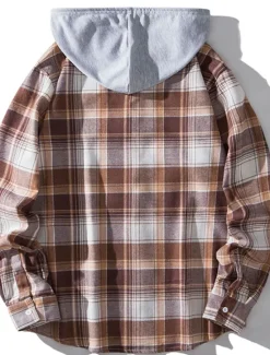 Outlet OUKU Men's Shirt Casual Shirt Button Up Shirt Hooded Shirt Black Light Brown Blue Dark Green Red Long Sleeve Plaid / Check Hooded Vacation Street Hooded Clothing Apparel Stylish Classic Casual
