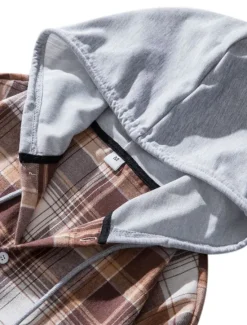 Outlet OUKU Men's Shirt Casual Shirt Button Up Shirt Hooded Shirt Black Light Brown Blue Dark Green Red Long Sleeve Plaid / Check Hooded Vacation Street Hooded Clothing Apparel Stylish Classic Casual