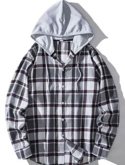 Outlet OUKU Men's Shirt Casual Shirt Button Up Shirt Hooded Shirt Black Light Brown Blue Dark Green Red Long Sleeve Plaid / Check Hooded Vacation Street Hooded Clothing Apparel Stylish Classic Casual