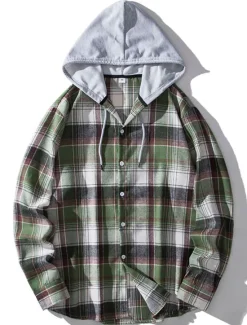 Outlet OUKU Men's Shirt Casual Shirt Button Up Shirt Hooded Shirt Black Light Brown Blue Dark Green Red Long Sleeve Plaid / Check Hooded Vacation Street Hooded Clothing Apparel Stylish Classic Casual