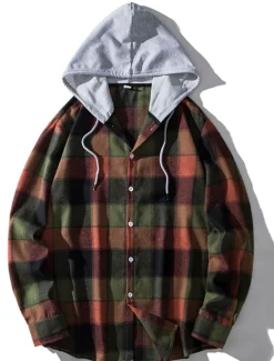 Outlet OUKU Men's Shirt Casual Shirt Button Up Shirt Hooded Shirt Black Light Brown Blue Dark Green Red Long Sleeve Plaid / Check Hooded Vacation Street Hooded Clothing Apparel Stylish Classic Casual