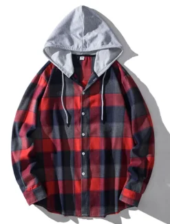 Outlet OUKU Men's Shirt Casual Shirt Button Up Shirt Hooded Shirt Black Light Brown Blue Dark Green Red Long Sleeve Plaid / Check Hooded Vacation Street Hooded Clothing Apparel Stylish Classic Casual