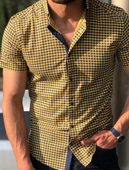 OUKU Men's Shirt Casual Shirt Button Up Shirt Checked Shirts Short Sleeve Plaid / Check Turndown Vacation Street Clothing Apparel Cotton Cotton Blend Fashion Casual Comfortable Yellow
