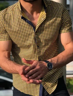 OUKU Men's Shirt Casual Shirt Button Up Shirt Checked Shirts Short Sleeve Plaid / Check Turndown Vacation Street Clothing Apparel Cotton Cotton Blend Fashion Casual Comfortable Yellow