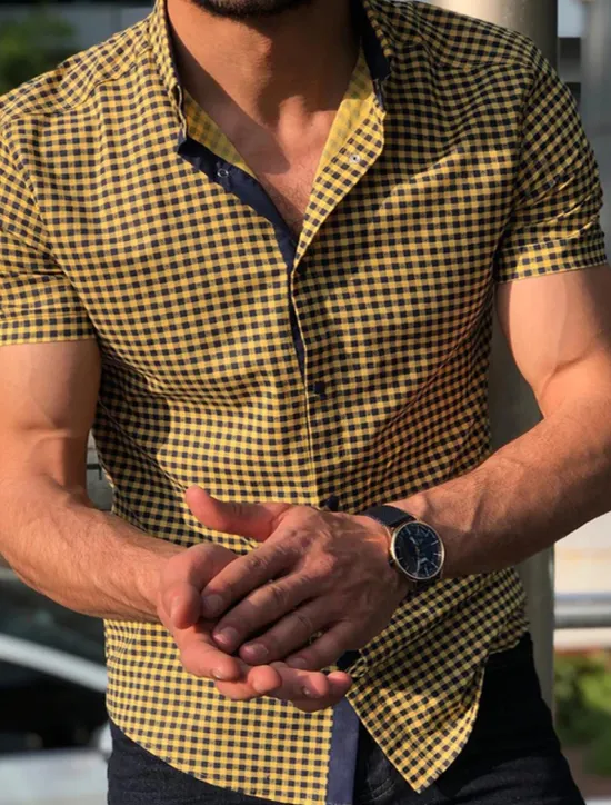 OUKU Men's Shirt Casual Shirt Button Up Shirt Checked Shirts Short Sleeve Plaid / Check Turndown Vacation Street Clothing Apparel Cotton Cotton Blend Fashion Casual Comfortable Yellow