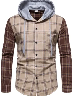Online OUKU Men's Shirt Casual Shirt Button Up Shirt Overshirt Hooded Shirt Checked Shirts Pink Dark Navy Blue Green khaki Long Sleeve Plaid / Check Hooded Vacation Street Hooded Clothing Apparel Cotton Cotton