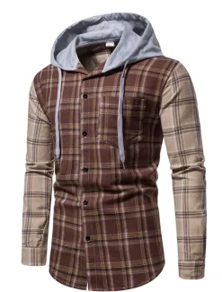 Online OUKU Men's Shirt Casual Shirt Button Up Shirt Overshirt Hooded Shirt Checked Shirts Pink Dark Navy Blue Green khaki Long Sleeve Plaid / Check Hooded Vacation Street Hooded Clothing Apparel Cotton Cotton