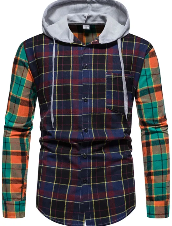 Online OUKU Men's Shirt Casual Shirt Button Up Shirt Overshirt Hooded Shirt Checked Shirts Pink Dark Navy Blue Green khaki Long Sleeve Plaid / Check Hooded Vacation Street Hooded Clothing Apparel Cotton Cotton
