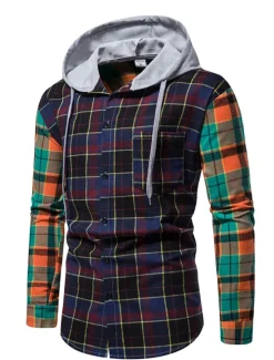 Online OUKU Men's Shirt Casual Shirt Button Up Shirt Overshirt Hooded Shirt Checked Shirts Pink Dark Navy Blue Green khaki Long Sleeve Plaid / Check Hooded Vacation Street Hooded Clothing Apparel Cotton Cotton