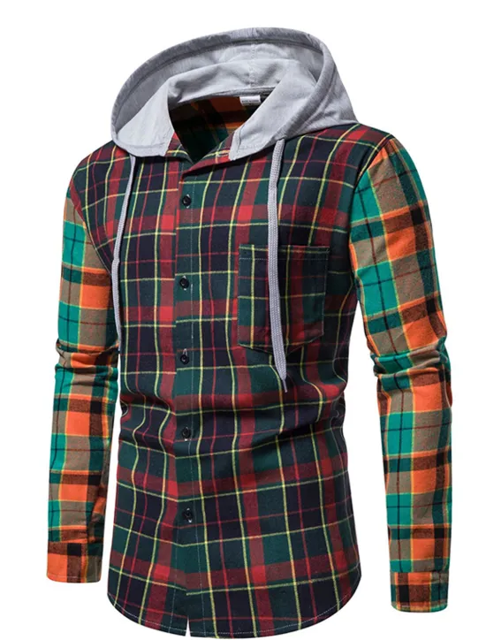 Online OUKU Men's Shirt Casual Shirt Button Up Shirt Overshirt Hooded Shirt Checked Shirts Pink Dark Navy Blue Green khaki Long Sleeve Plaid / Check Hooded Vacation Street Hooded Clothing Apparel Cotton Cotton