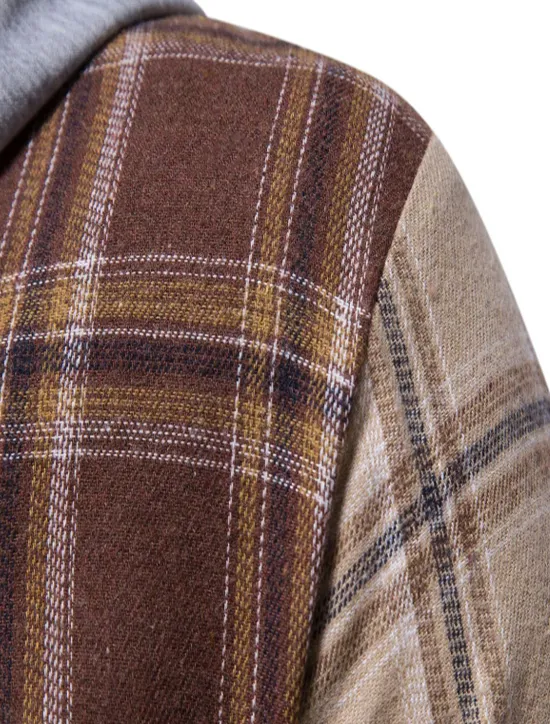 Online OUKU Men's Shirt Casual Shirt Button Up Shirt Overshirt Hooded Shirt Checked Shirts Pink Dark Navy Blue Green khaki Long Sleeve Plaid / Check Hooded Vacation Street Hooded Clothing Apparel Cotton Cotton