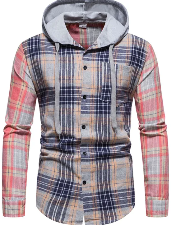 Online OUKU Men's Shirt Casual Shirt Button Up Shirt Overshirt Hooded Shirt Checked Shirts Pink Dark Navy Blue Green khaki Long Sleeve Plaid / Check Hooded Vacation Street Hooded Clothing Apparel Cotton Cotton