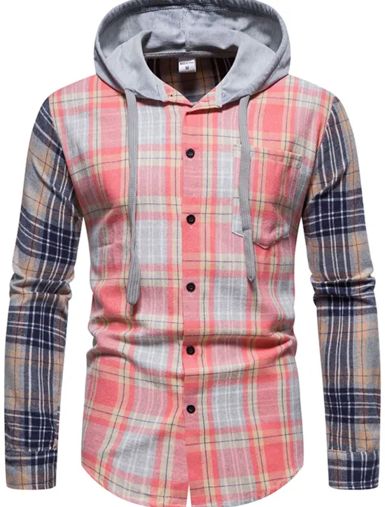 Online OUKU Men's Shirt Casual Shirt Button Up Shirt Overshirt Hooded Shirt Checked Shirts Pink Dark Navy Blue Green khaki Long Sleeve Plaid / Check Hooded Vacation Street Hooded Clothing Apparel Cotton Cotton