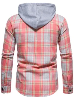 Online OUKU Men's Shirt Casual Shirt Button Up Shirt Overshirt Hooded Shirt Checked Shirts Pink Dark Navy Blue Green khaki Long Sleeve Plaid / Check Hooded Vacation Street Hooded Clothing Apparel Cotton Cotton