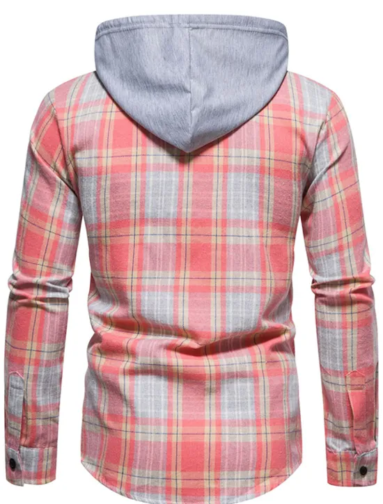 Online OUKU Men's Shirt Casual Shirt Button Up Shirt Overshirt Hooded Shirt Checked Shirts Pink Dark Navy Blue Green khaki Long Sleeve Plaid / Check Hooded Vacation Street Hooded Clothing Apparel Cotton Cotton