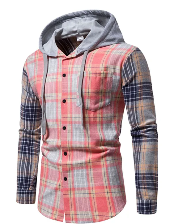Online OUKU Men's Shirt Casual Shirt Button Up Shirt Overshirt Hooded Shirt Checked Shirts Pink Dark Navy Blue Green khaki Long Sleeve Plaid / Check Hooded Vacation Street Hooded Clothing Apparel Cotton Cotton