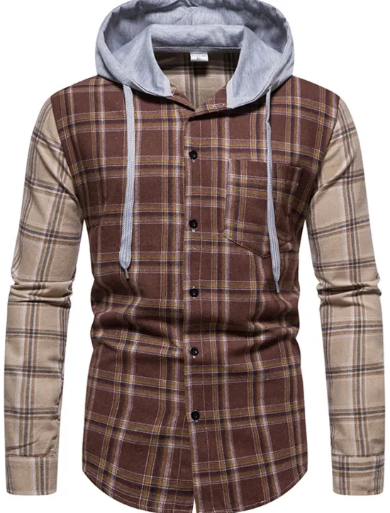 Online OUKU Men's Shirt Casual Shirt Button Up Shirt Overshirt Hooded Shirt Checked Shirts Pink Dark Navy Blue Green khaki Long Sleeve Plaid / Check Hooded Vacation Street Hooded Clothing Apparel Cotton Cotton