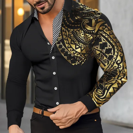 Best OUKU Men's Shirt Casual Shirt Button Up Shirt Bronzing Office & Career Wedding Party Black White Wine Red Long Sleeve Lapel Spring & Fall Clothing Apparel Patchwork