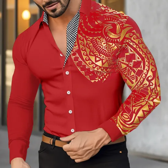 Best OUKU Men's Shirt Casual Shirt Button Up Shirt Bronzing Office & Career Wedding Party Black White Wine Red Long Sleeve Lapel Spring & Fall Clothing Apparel Patchwork