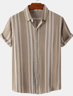 Sale OUKU Men's Shirt Casual Shirt Striped Shirts Black Red Green khaki Beige Short Sleeve Stripe Turndown Outdoor Daily Wear Print Clothing Apparel Fashion Streetwear Casual