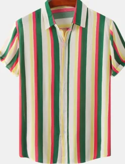 Sale OUKU Men's Shirt Casual Shirt Striped Shirts Black Red Green khaki Beige Short Sleeve Stripe Turndown Outdoor Daily Wear Print Clothing Apparel Fashion Streetwear Casual