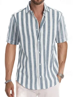 Outlet OUKU Men's Shirt Casual Shirt Striped Shirts grey blue Black Blue Green Gray Short Sleeve Stripe Turndown Outdoor Daily Wear Print Clothing Apparel Polyester Fashion Streetwear Casual