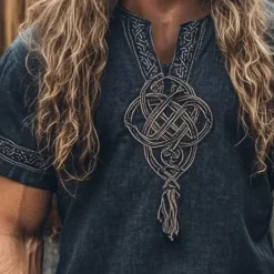 Discount OUKU Men's Shirt Casual Shirt Viking Vacation Hawaiian Short Sleeve V Neck Summer Spring Clothing Apparel Ethnic Dark Blue